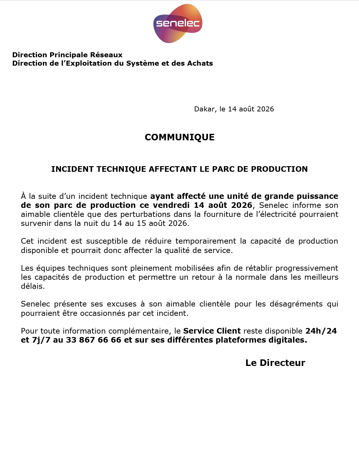 Coupure d'électricité /incident sur une unité de grande puissance : Senelec alerte sur de possibles perturbations dans la nuit du 14 au 15 août