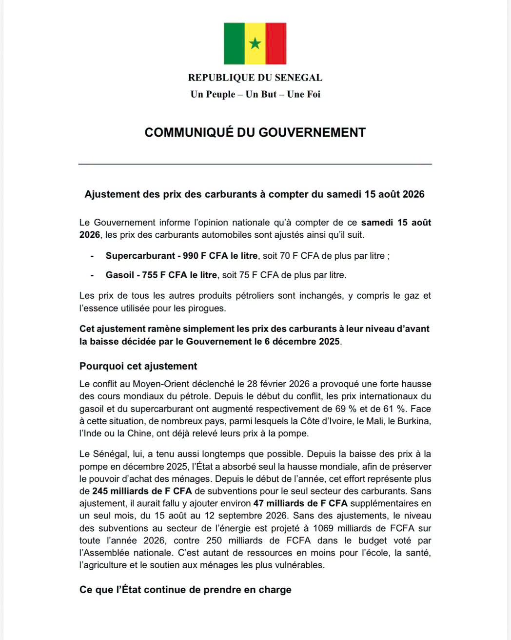 Hausse des prix des carburants : le supercarburant passe à 990 FCFA, soit 70 FCFA de plus, et le gasoil à 755 FCFA, soit une hausse de 75 FCFA dès Aujourd'hui
