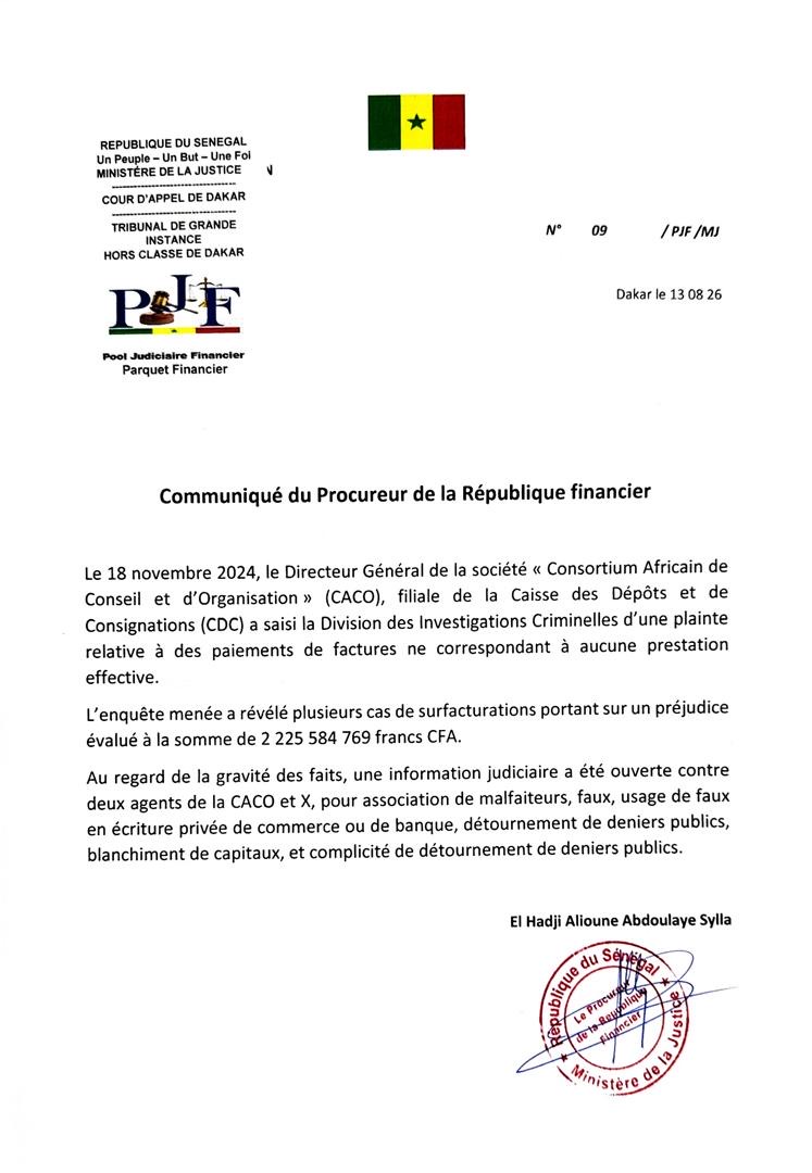 Surfacturation, détournements : Une information judiciaire ouverte par le PJF concernant deux agents d’une filiale de la CDC