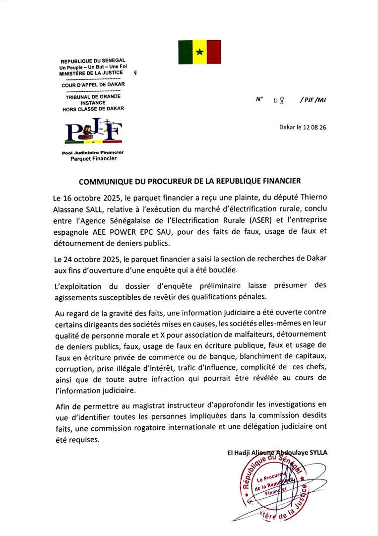 Affaire ASER-AEE Power EPC : Le Parquet financier ouvre une information judiciaire...