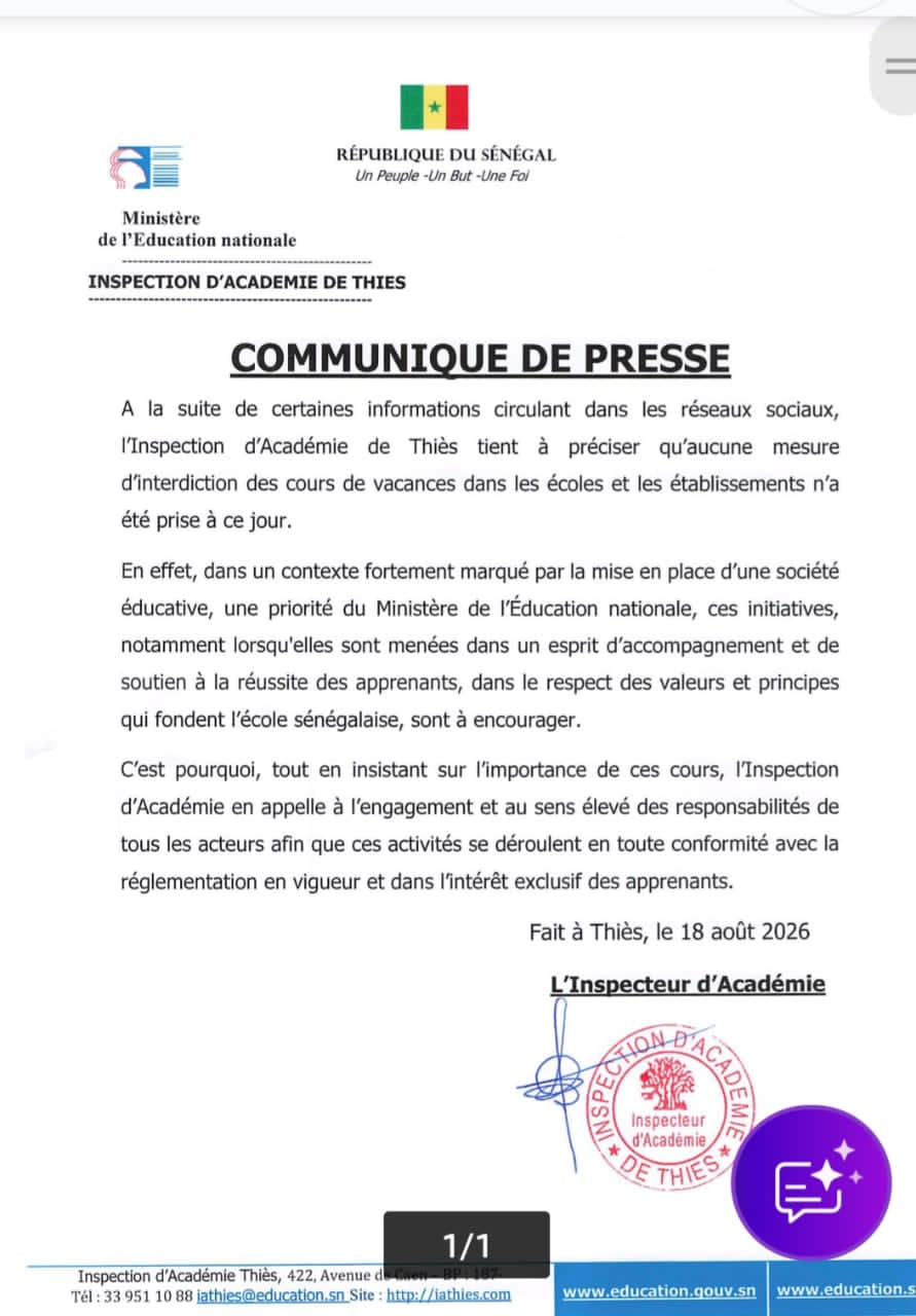 Rumeurs sur l'interdiction des cours de vacances dans les écoles : l'IA de Thiès apporte des précisions "aucune mesure d'interdiction n'a été prise à ce jour."
