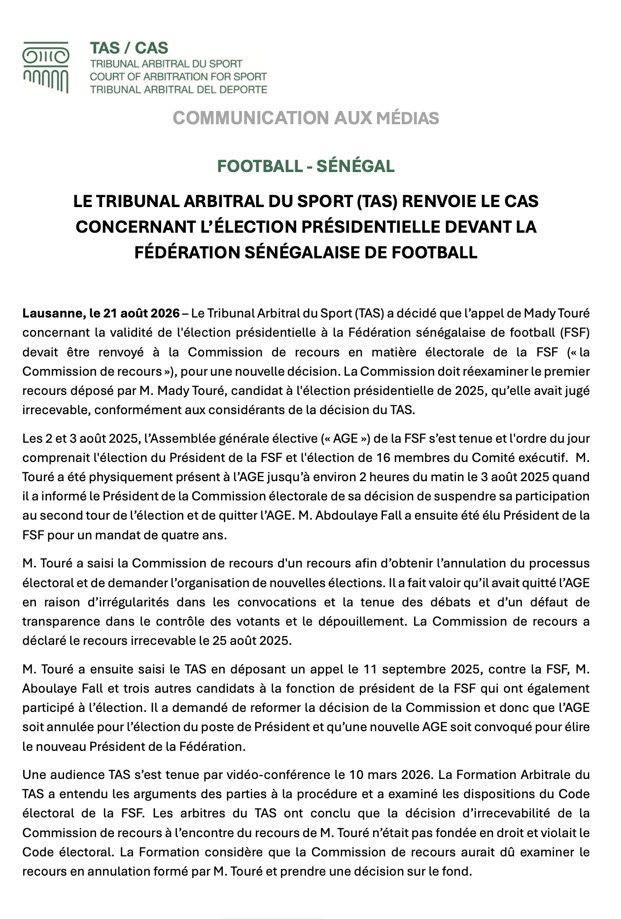 Élection à la présidence de la FSF / Violation du Code électoral : le TAS ne casse pas l’élection, mais relance la procédure et ordonne un nouvel examen du recours de Mady Touré