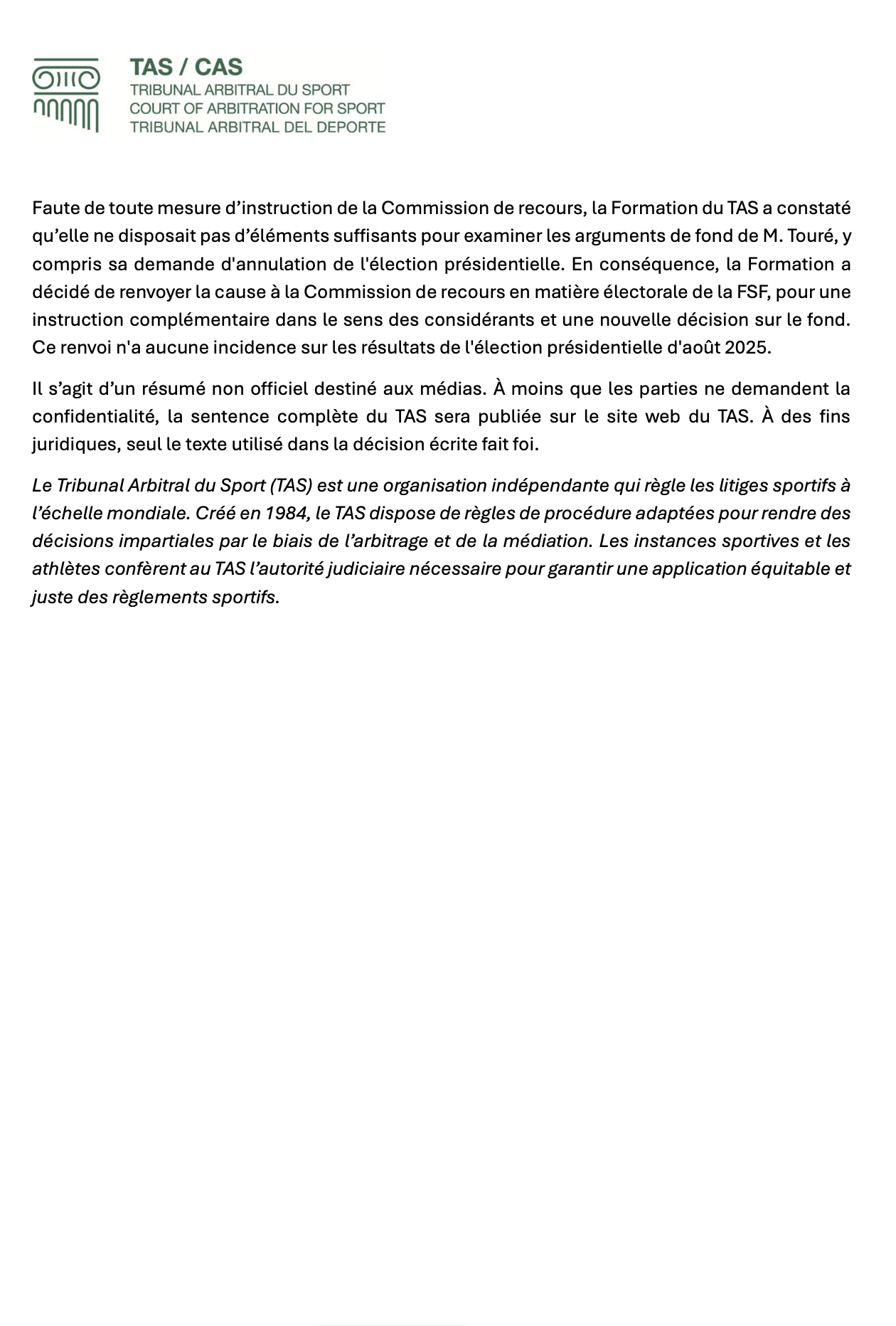 Élection à la présidence de la FSF / Violation du Code électoral : le TAS ne casse pas l’élection, mais relance la procédure et ordonne un nouvel examen du recours de Mady Touré