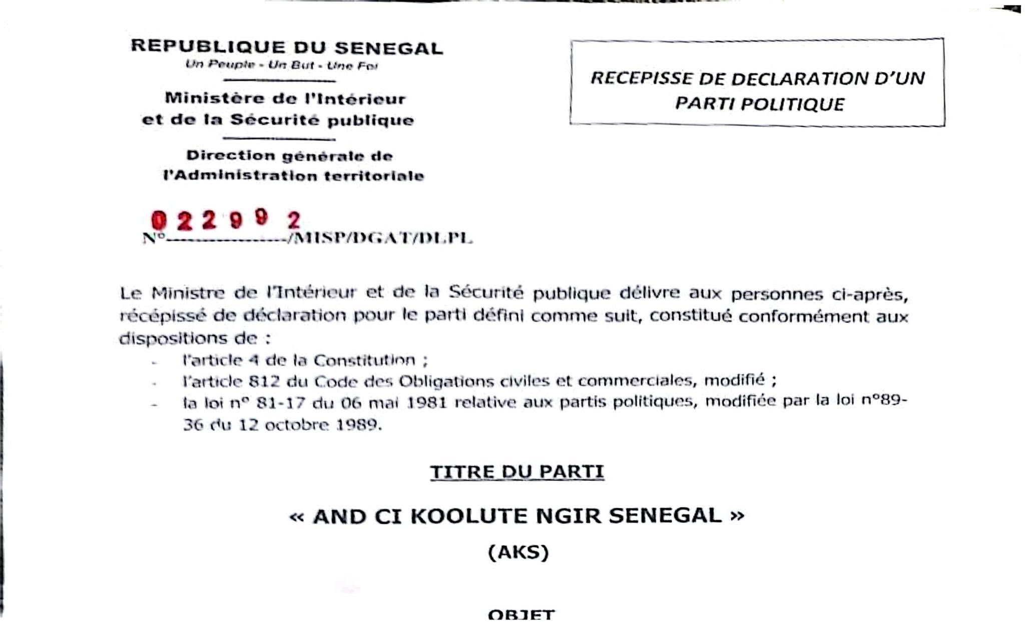 Abdou Karim Sall officialise son parti « And ci Koolute ngir Sénégal » après la réception de son récépissé