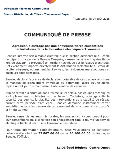 Gamou Tivaouane / Perturbation dans la fourniture d'électricité :  La Senelec indexe une entreprise tierce d'avoir accidentellement coupé un câble électrique