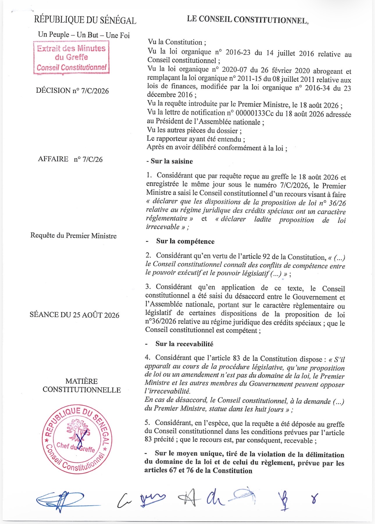 Crédits spéciaux : Ce que contient la décision du conseil constitutionnel sur l’irrecevabilité de la proposition de loi