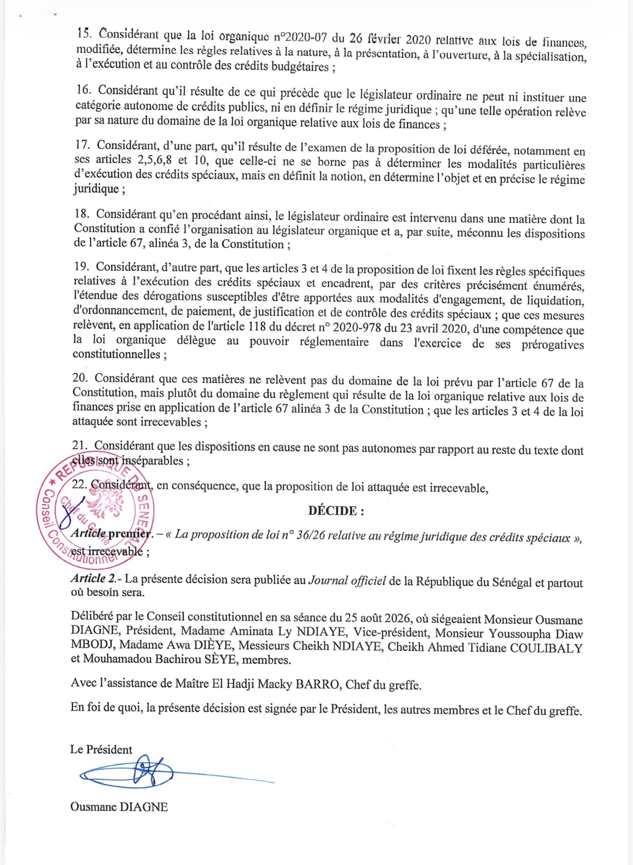 Crédits spéciaux : Ce que contient la décision du conseil constitutionnel sur l’irrecevabilité de la proposition de loi