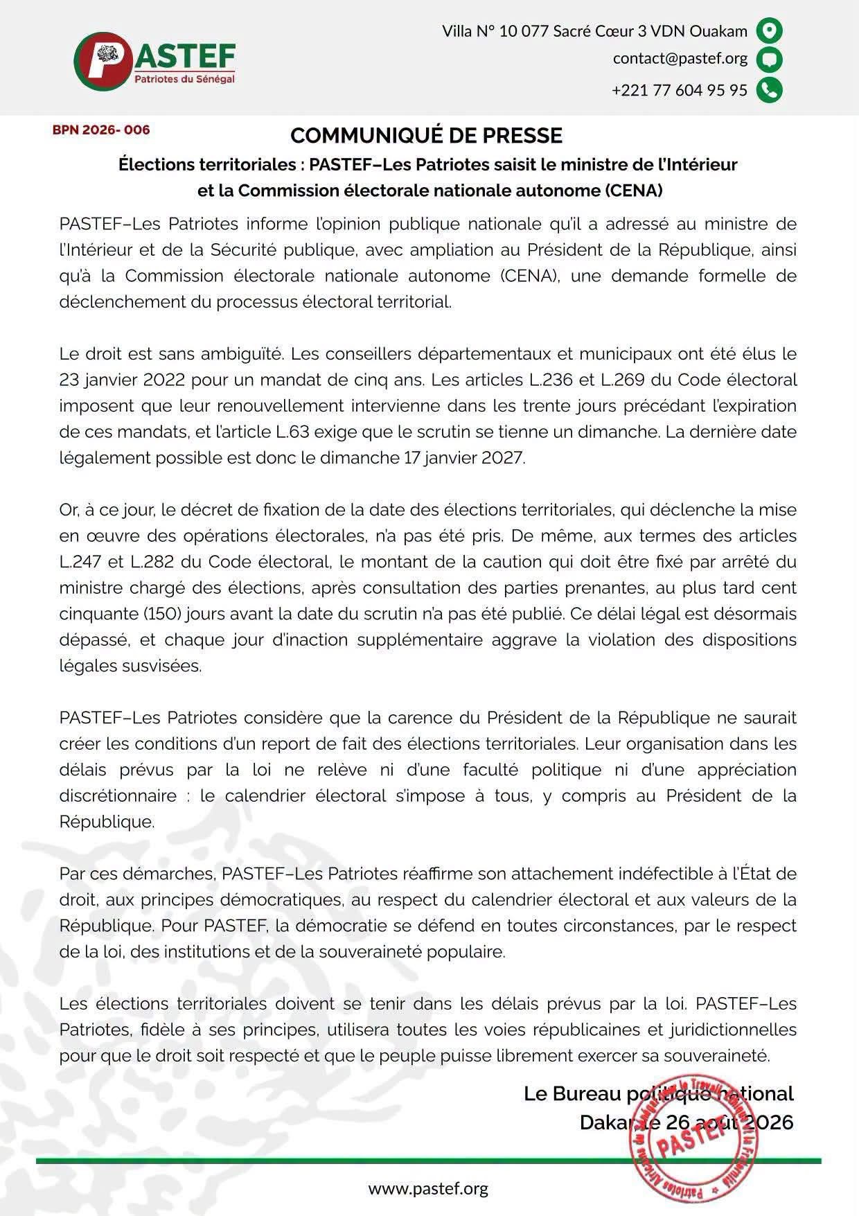 Élections territoriales - Respect du calendrier électoral : PASTEF saisit le ministre de l’Intérieur et la CENA