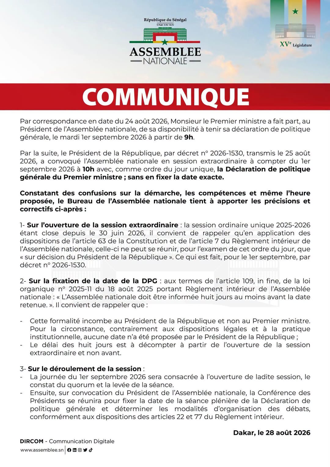 Déclaration de politique générale ce 1er septembre : Couac procédural selon l’Assemblée qui reprend la main sur le calendrier