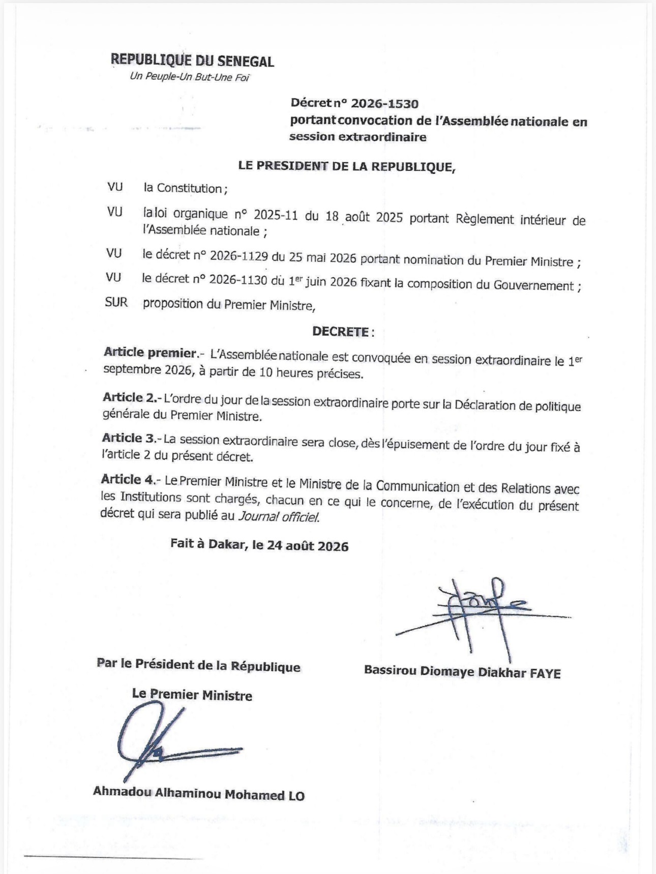 DPG - Bassirou Diomaye Faye signe le décret n° 2026-1530 : Sonko annonce l’ouverture d’une 2e session extraordinaire le 1er septembre