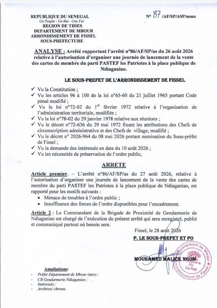 Vente de cartes à Ndiaganiao : Le sous-préfet de Fissel annule l’autorisation accordée au parti PASTEF