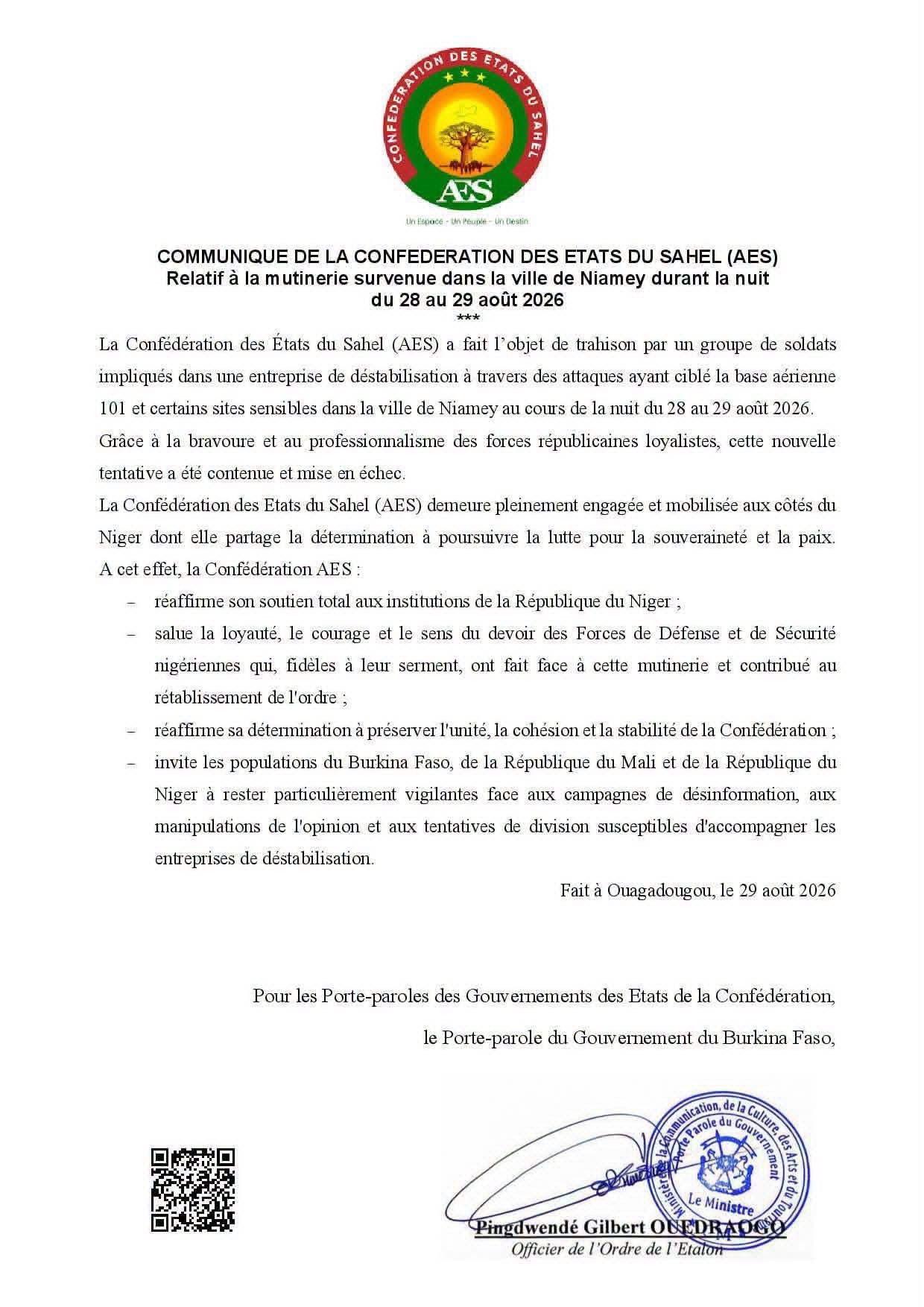 Mutinerie à Niamey : L’AES dénonce une tentative de déstabilisation
