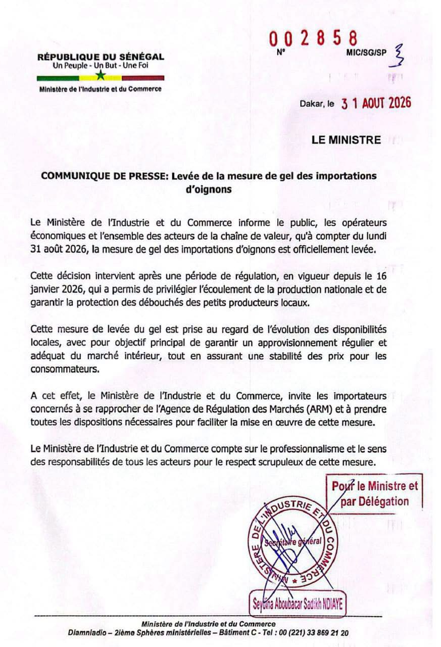 Oignons , Approvisionnement et stabilité des prix : le gouvernement Sénégalais lève officiellement le gel des importations à partir de ce 31 août après plus de sept mois de régulation