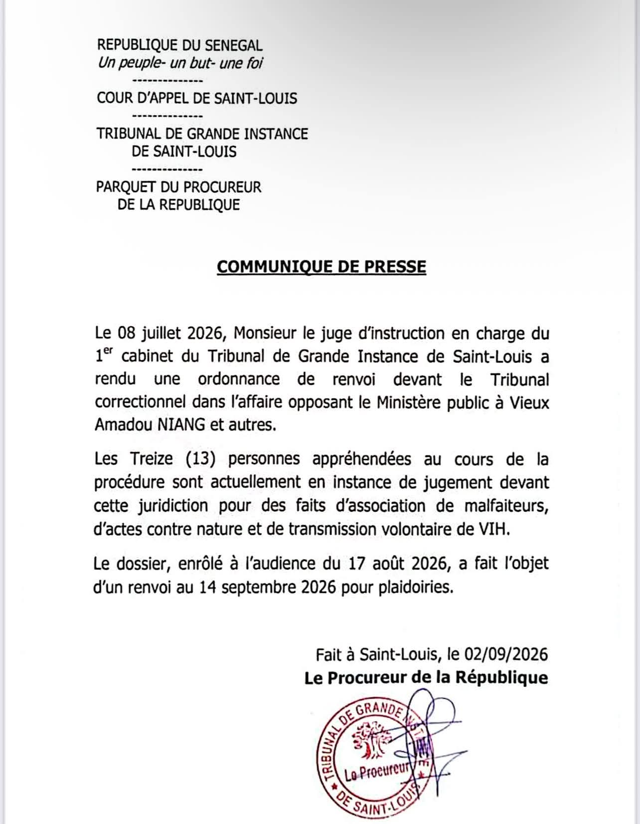 Association de malfaiteurs, « actes contre nature » et VIH : le procès de 13 prévenus renvoyé au 14 septembre à Saint-Louis