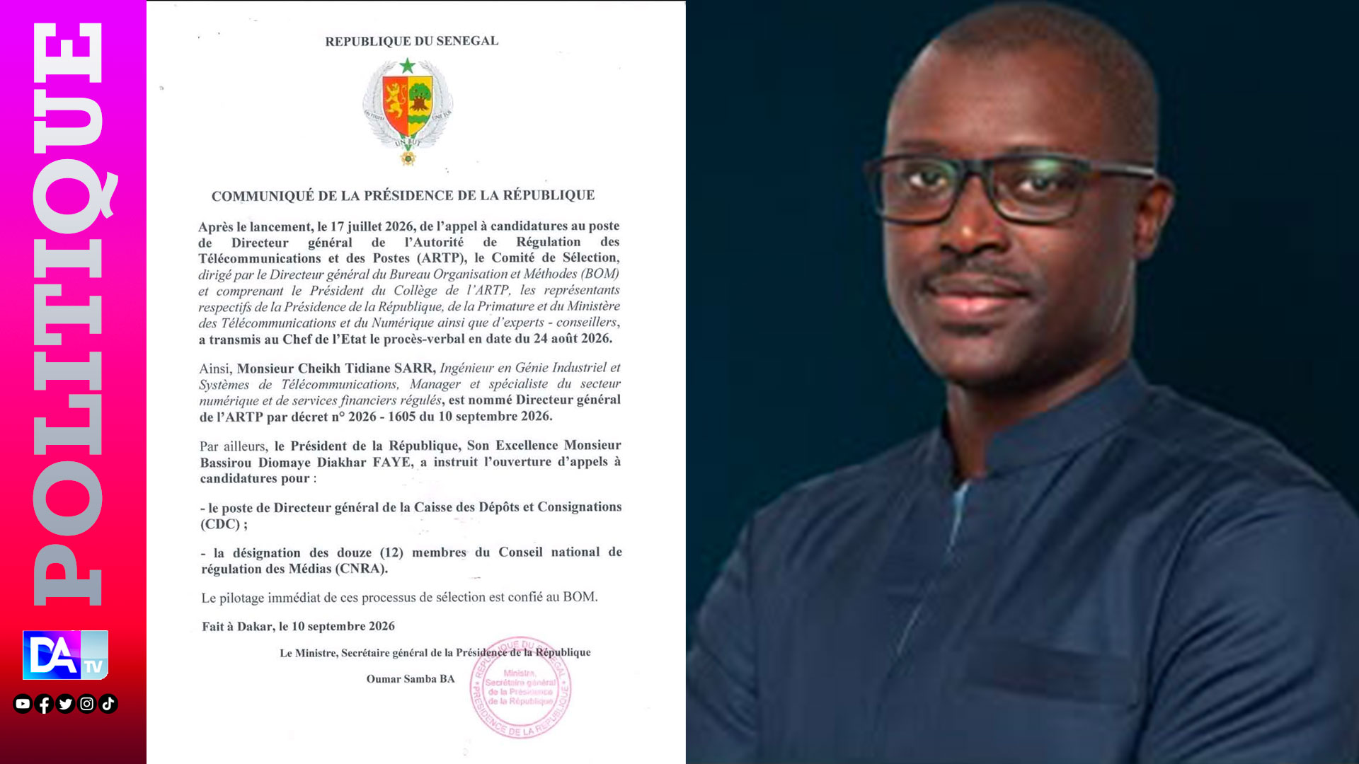 ARTP: Cheikh Tidiane Sarr nouveau Directeur général