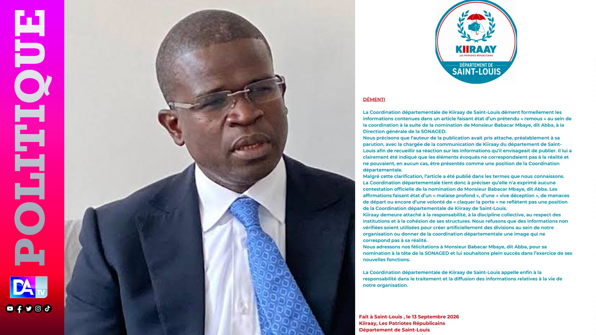 Nomination d’Abba Mbaye à la SONAGED : Kiiraay Saint-Louis dément toute contestation officielle