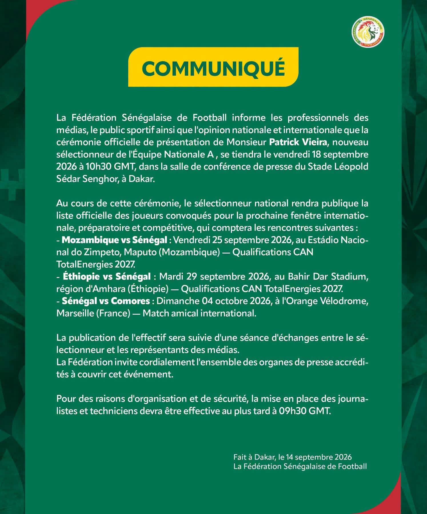 Patrick Vieira présenté ce vendredi comme nouveau sélectionneur du Sénégal: La liste pour le match contre la Mozambique, les Comores et l’Ethiopie, attendue
