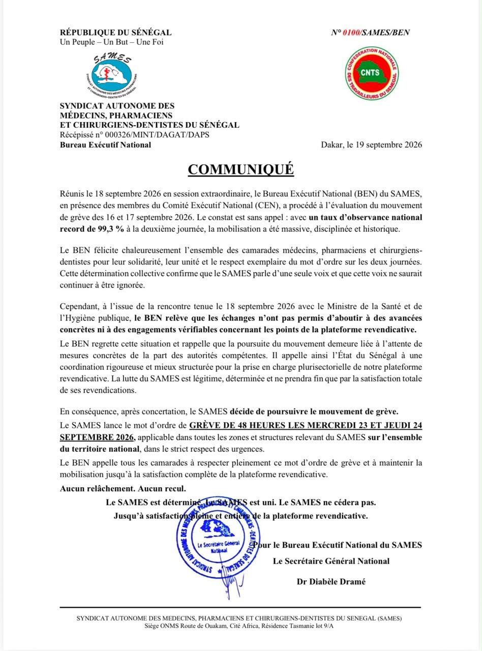 Santé : le SAMES annonce une nouvelle grève de 48 heures les 23 et 24 septembre