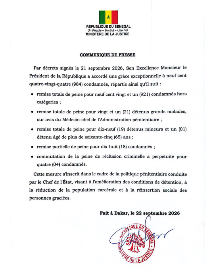 Sénégal - Grâce présidentielle : 984 condamnés, désormais libres…