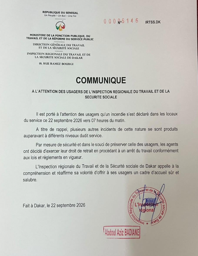 Incendie à l'Inspection du Travail de Dakar : les agents décident d'observer un "arrêt du travail "