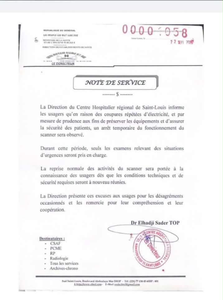 Saint-Louis : Le scanner de l'hôpital régional à l'arrêt à cause des coupures d'électricité
