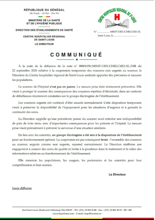 Saint-Louis : Reprise normale du scanner au Centre Hospitalier Régional