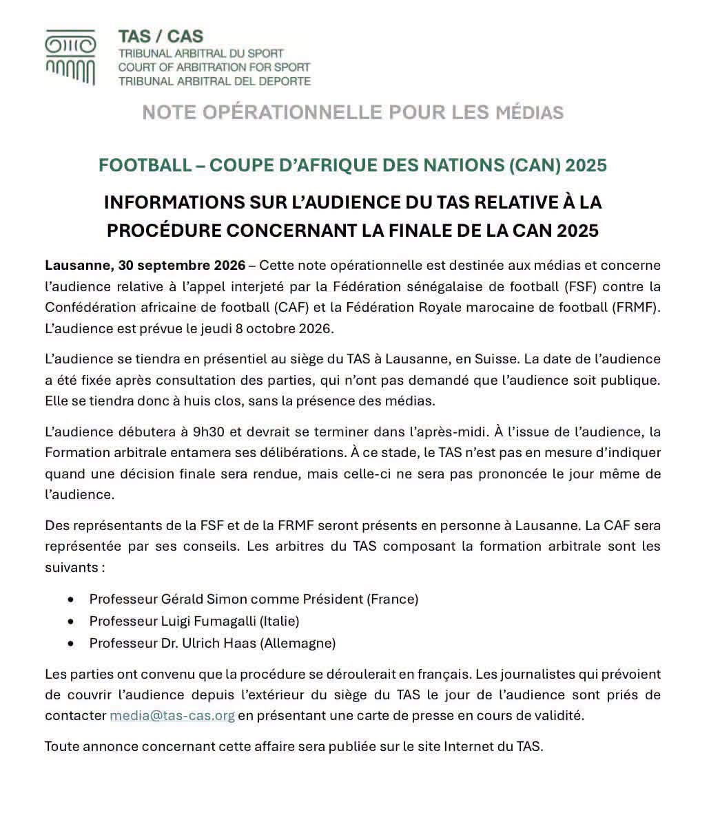 Finale CAN 2025 : Le TAS fixe au 8 octobre l'audience sur l'appel de la FSF contre la CAF et la FRMF
