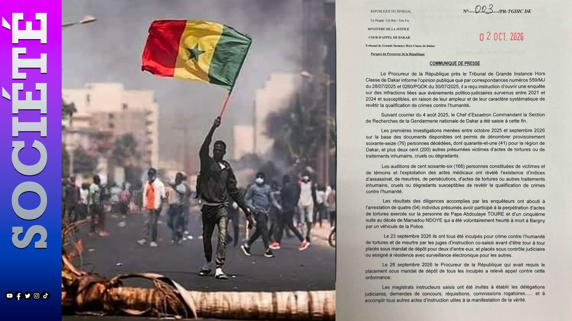 Enquête sur les crimes présumés de 2021-2024 : « 76 décès, plus de 200 victimes de tortures, 5 inculpations, 2 mandats de dépôt » ( Procureur de la République)