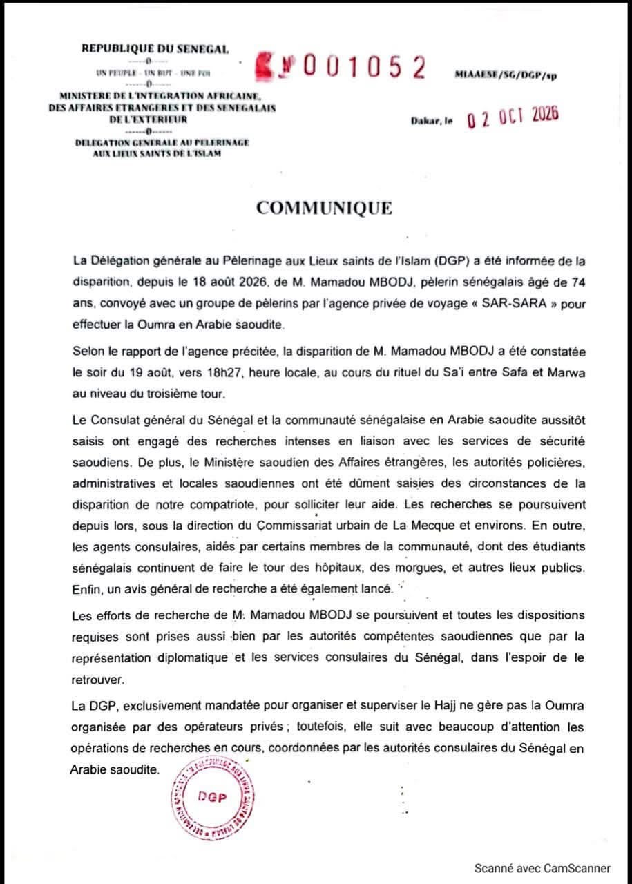Oumra 2026 : Un pèlerin sénégalais âgé de 74 ans porté disparu à la Mecque depuis le 18 août