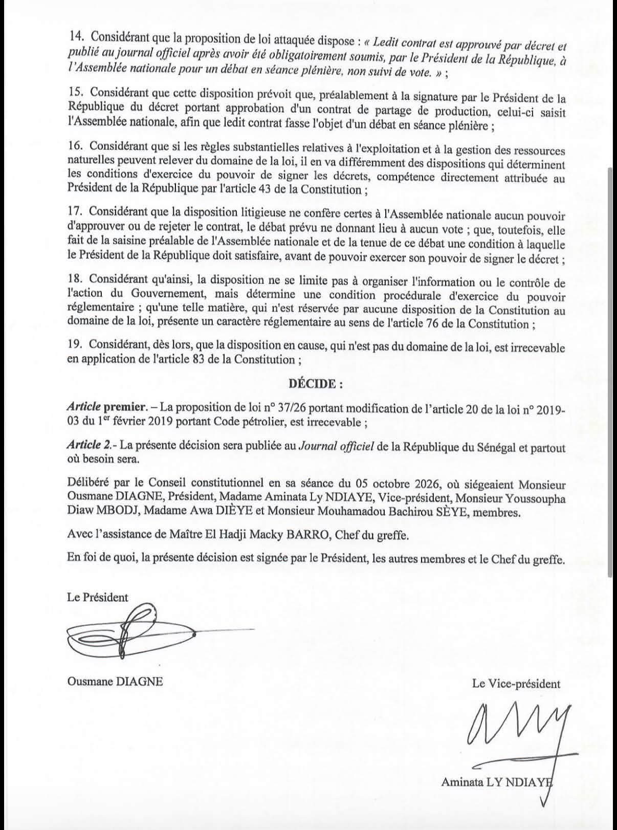 Code pétrolier : Le Conseil constitutionnel déclare irrecevable la proposition de loi n° 37/2026