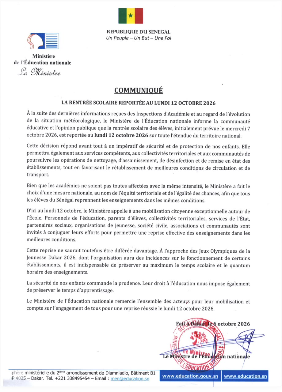 Fortes pluies au Sénégal : La rentrée des classes initialement prévue ce mercredi est reportée au 12 octobre 2026 (MEN)