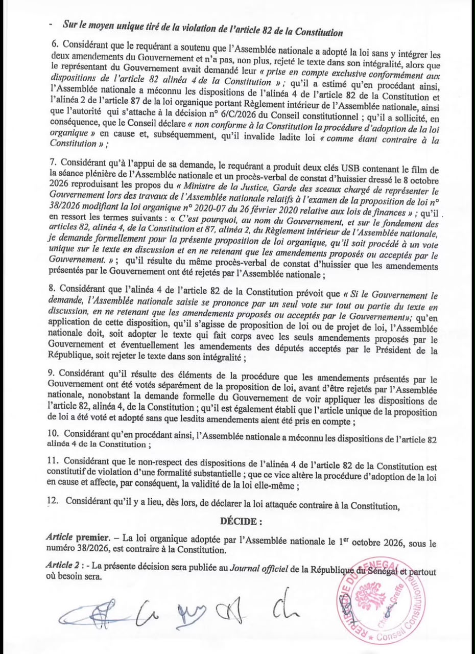 Procédure de vote à l’Assemblée : Saisi par le président de la République, le Conseil constitutionnel invalide la loi organique…une violation de l’article 82 entraîne son invalidation