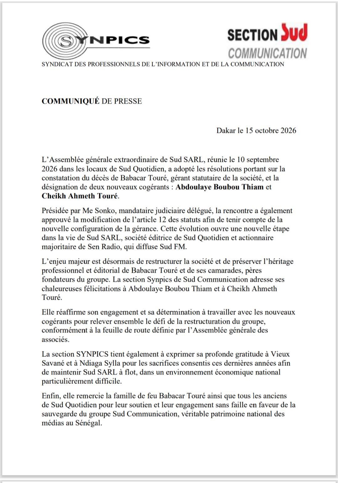 Sud SARL : Abdoulaye Boubou Thiam et Cheikh Ahmeth Touré désignés cogérants après le décès de Babacar Touré