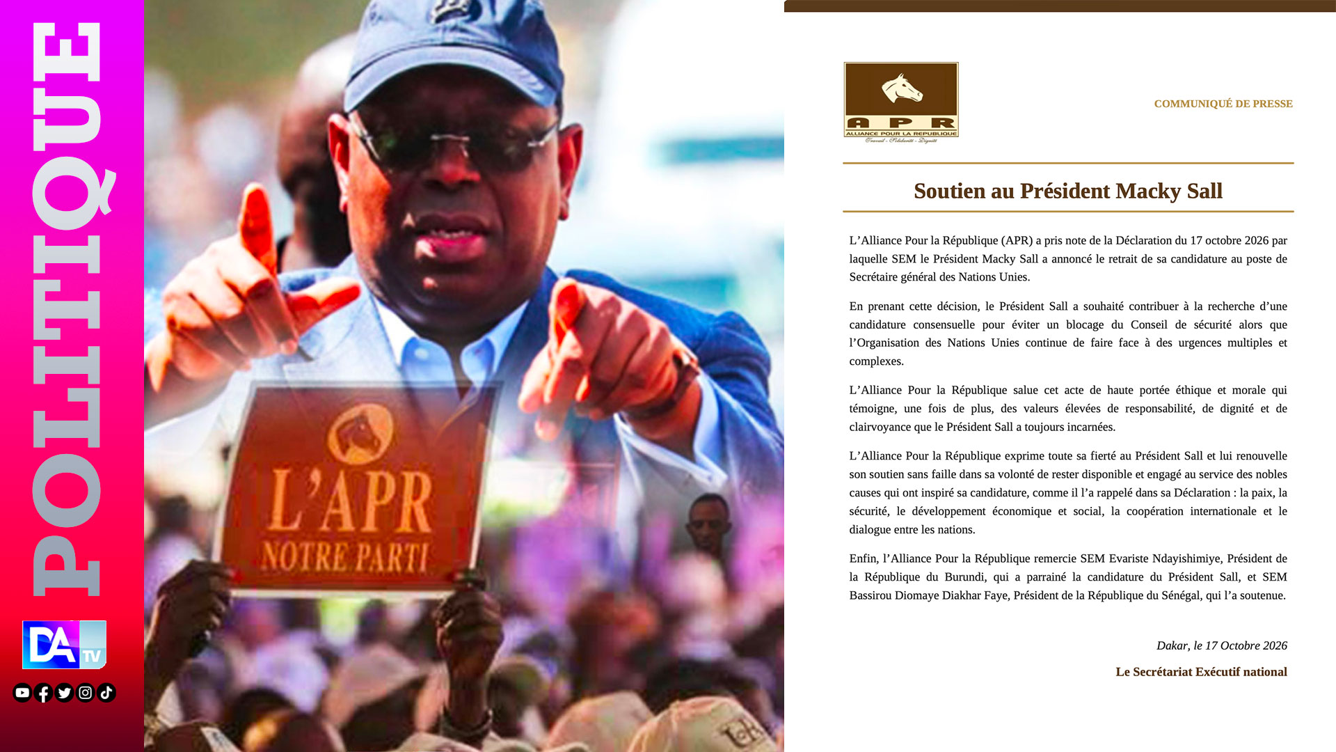 Retrait de Macky Sall de la course à l’ONU : l’APR salue un acte de « haute portée éthique et morale » et remercie Diomaye Faye