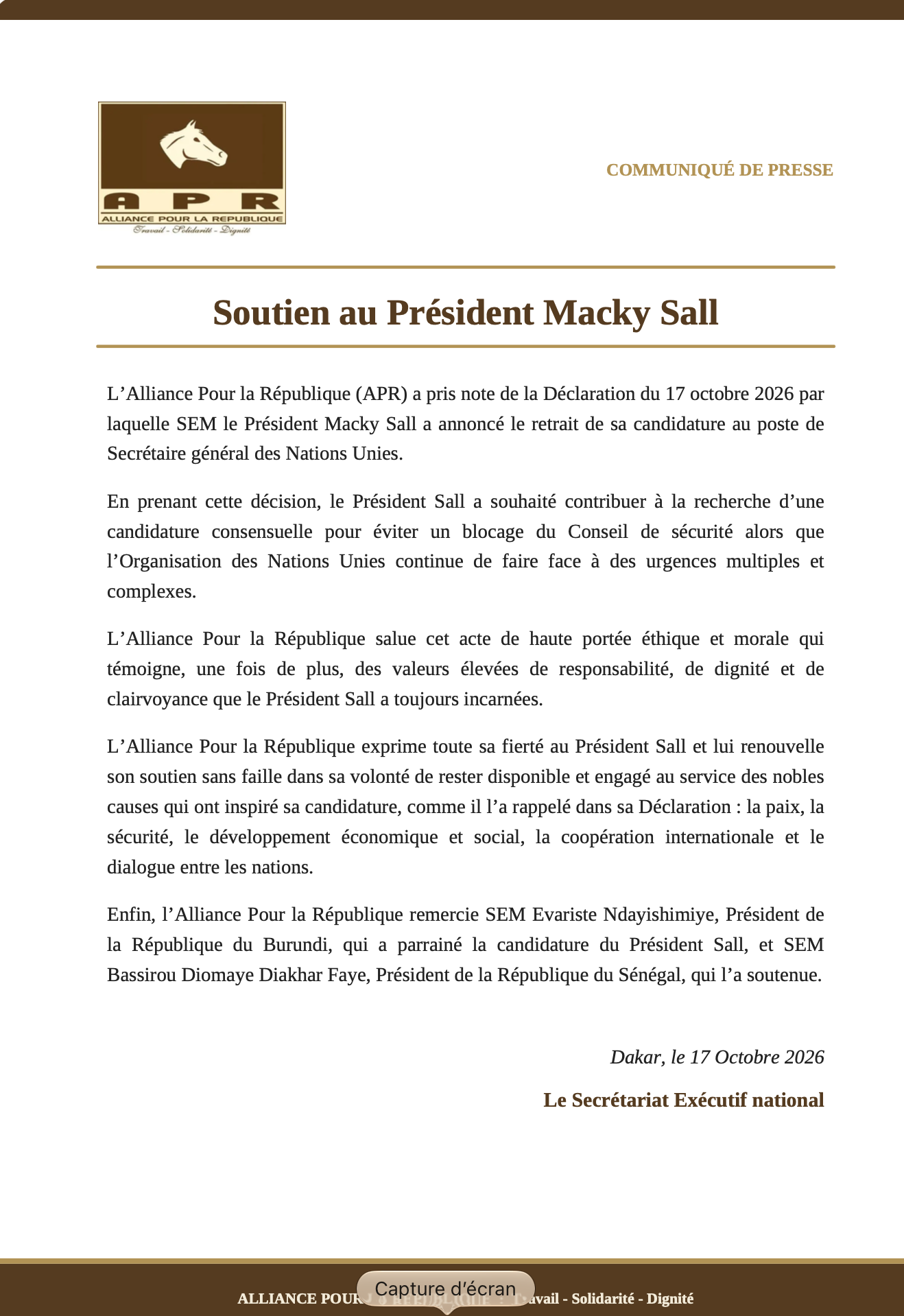 Retrait de Macky Sall de la course à l’ONU : l’APR salue un acte de « haute portée éthique et morale » et remercie Diomaye Faye