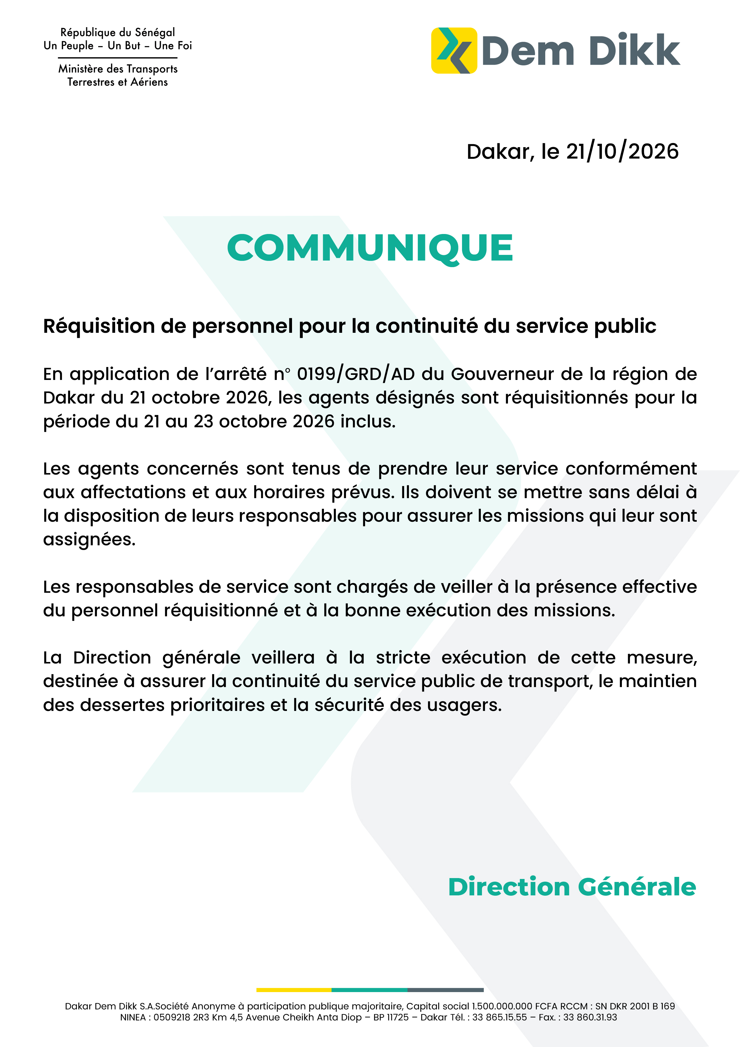 Grève générale : Le personnel de Dakar Dem Dikk réquisitionné du 21 au 23 octobre pour assurer la continuité du service public