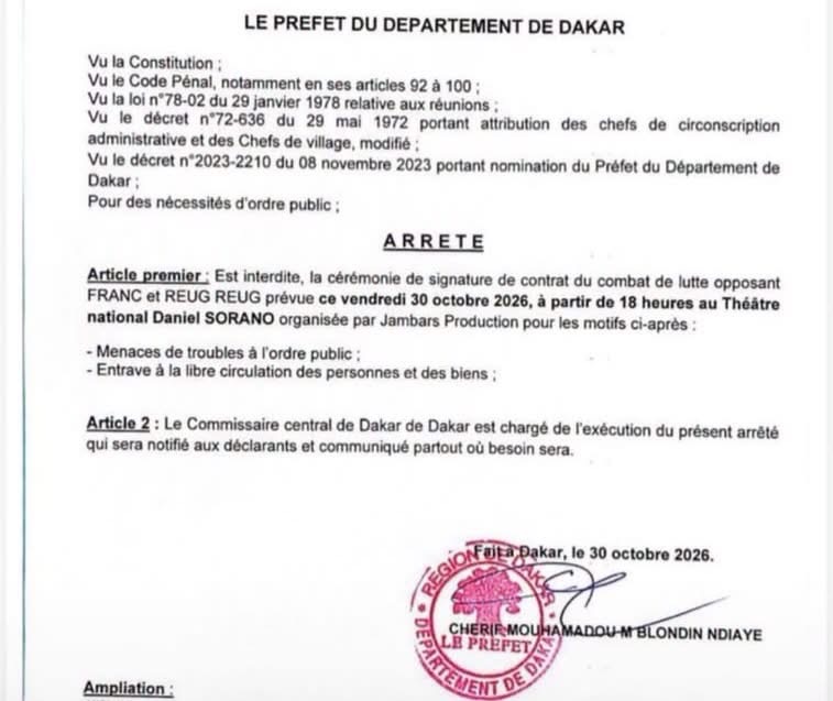 Franc–Reug Reug : le préfet de Dakar interdit la cérémonie de signature du contrat