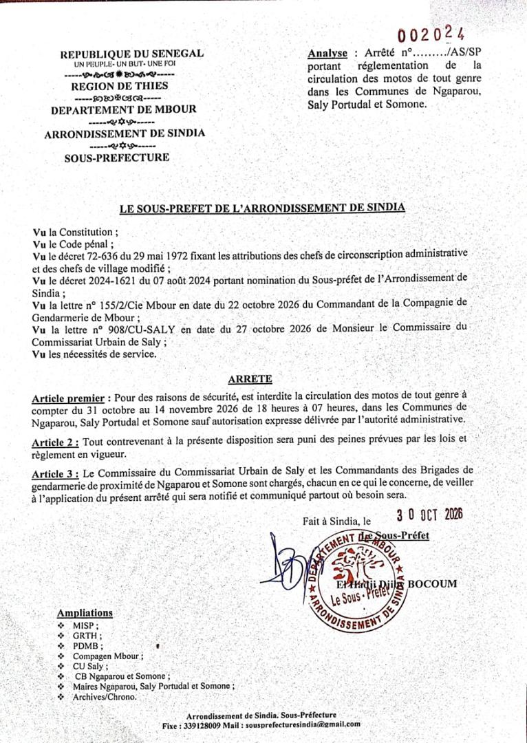 PETITE-CÔTE : Les motos interdites de circulation la nuit à Saly, Ngaparou et Somone