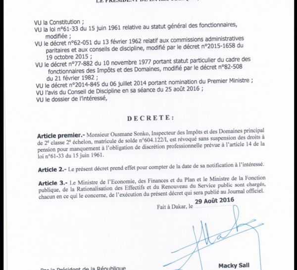 DERNIÈRE MINUTE : Ousmane Sonko révoqué sans suspension des droits à une pension