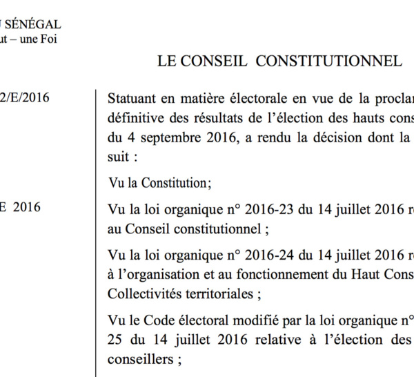 Voici les résultats définitifs de l'élection du Haut Conseil des Collectivités Territoriales par le Conseil Constitutionnel