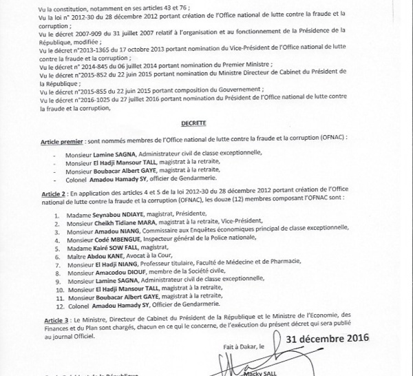 DECRET PORTANT NOMINATION DES MEMBRES DE L'OFNAC (DOCUMENT)