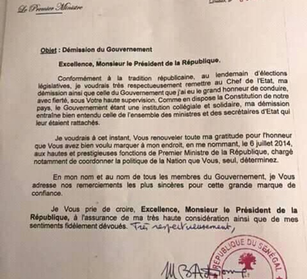 OFFICIEL : La lettre de démission du Gouvernement de Mahammed Boun Abdallah Dionne (DOCUMENT)