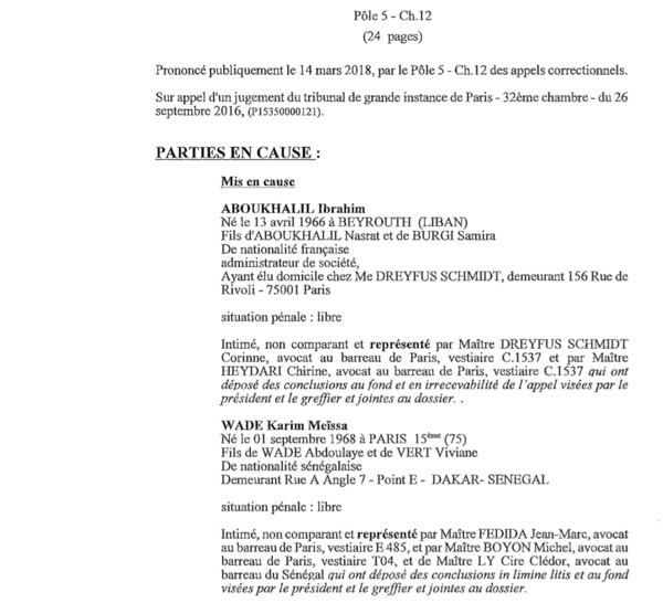 Affaire Karim Wade : Arrêt du 14 mars 2018 s'opposant à la confiscation de ses biens en France (Document)