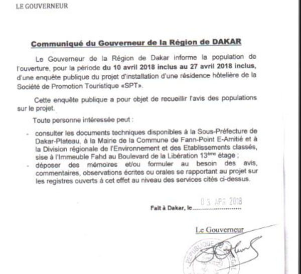 Communiqué du Gouverneur de la Région de Dakar sur l'ouverture d'une enquête publique sur l'installation d'une résidence hôtelière