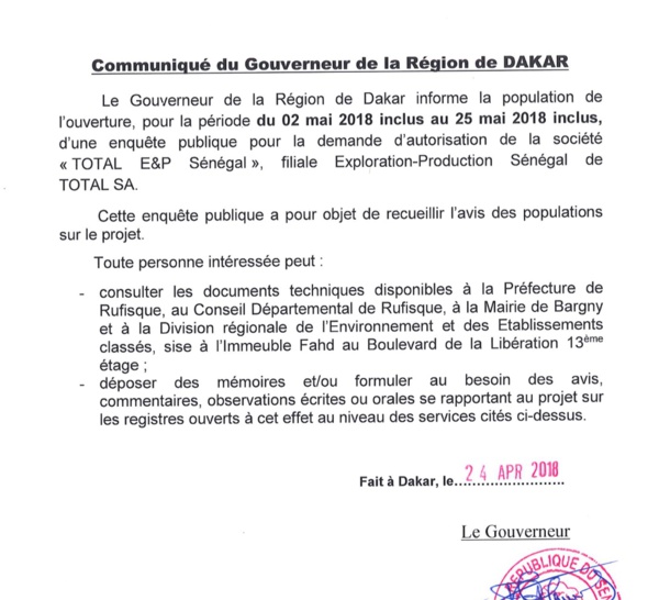 Demande d’autorisation de la société  « Total EP Sénégal» : Enquête publique ouverte pour recueillir l’avis des populations sur le projet