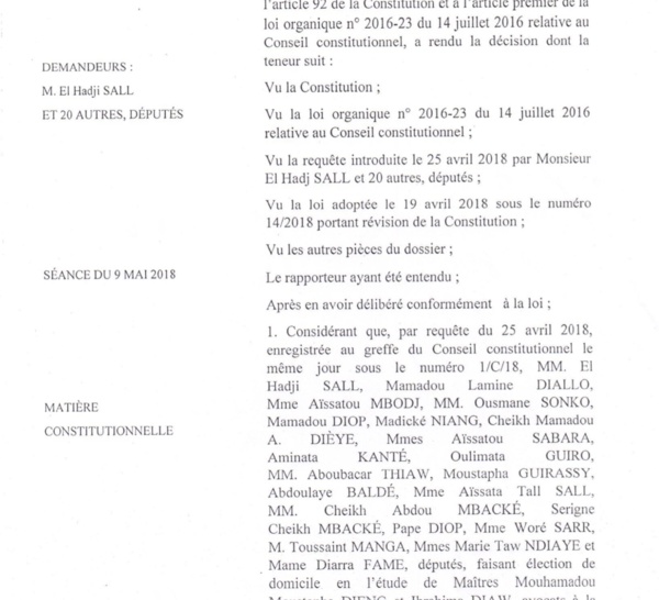 ADOPTION DE LA LOI SUR PARRAINAGE : Le Conseil Constitutionel tranche... (DOCUMENTS)