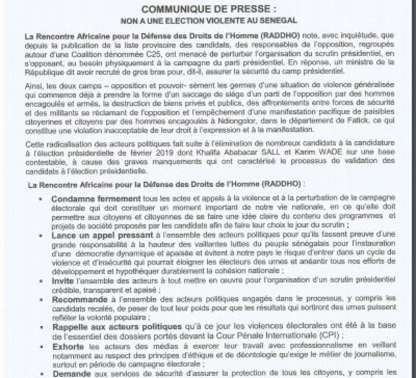 Appel à la violence : La Raddho dit son inquiétude et condamne