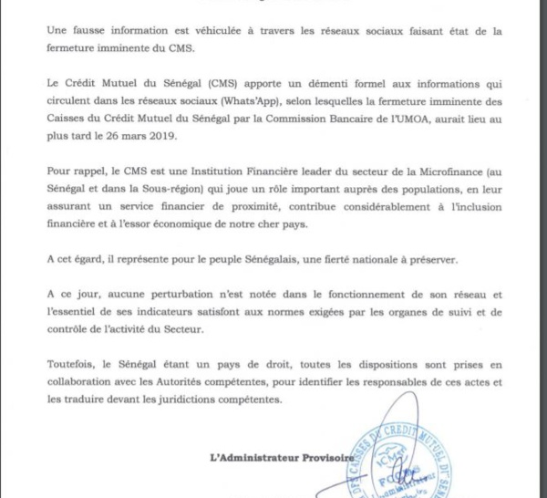 Supposée fermeture du Crédit Mutuel du Sénégal: le démenti de la Direction