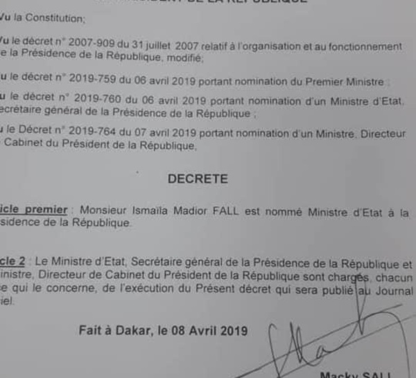 Gouvernement : Ismaila Madior Fall nommé ministre d’Etat à la présidence (DOCUMENT)