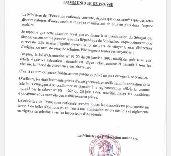 Actes discriminatoires d’ordre socio-culturel dans les écoles : Le Ministère de l’Education nationale menace et précise (DOCUMENT)